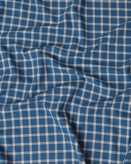 Petrol blue Premium 100% cotton shirting fabric with beige and rusty brown print in checks design-D16845 Regal Fabrics