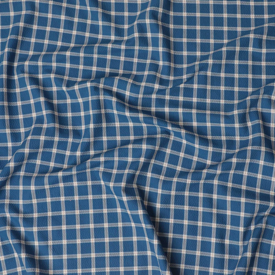 Petrol blue Premium 100% cotton shirting fabric with beige and rusty brown print in checks design-D16845 Regal Fabrics