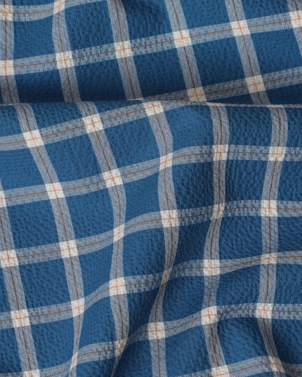Petrol blue Premium 100% cotton shirting fabric with beige and rusty brown print in checks design-D16845 Regal Fabrics