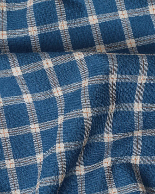 Petrol blue Premium 100% cotton shirting fabric with beige and rusty brown print in checks design-D16845 Regal Fabrics