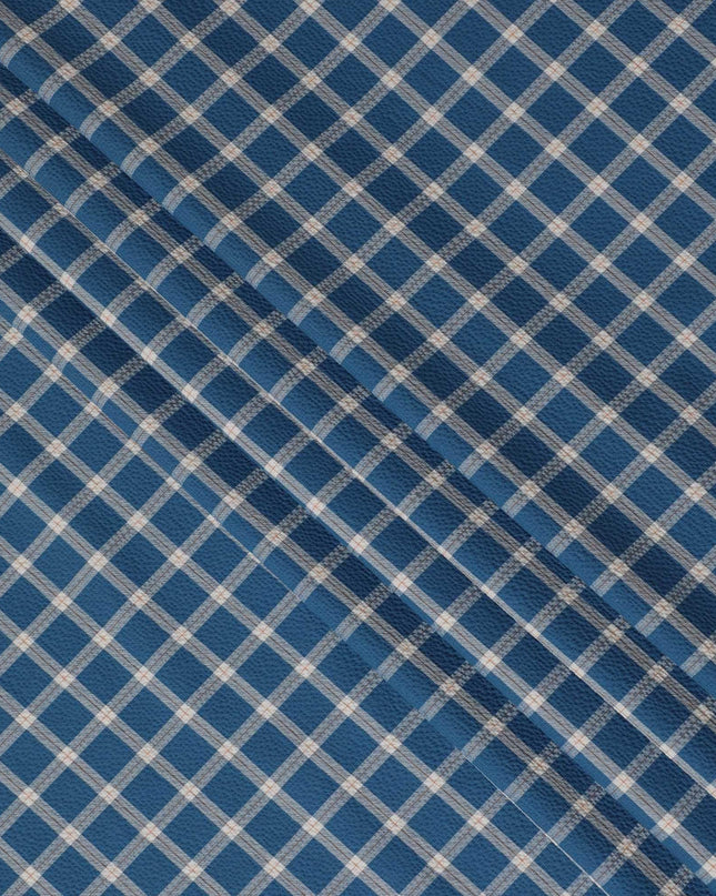 Petrol blue Premium 100% cotton shirting fabric with beige and rusty brown print in checks design-D16845 Regal Fabrics