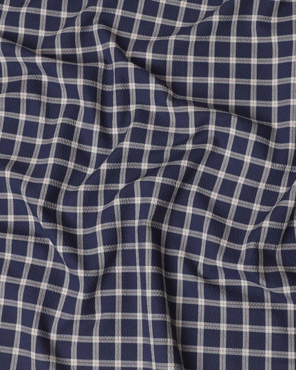 Navy blue Premium 100% cotton shirting fabric with beige and red print in checks design-D16846 Regal Fabrics
