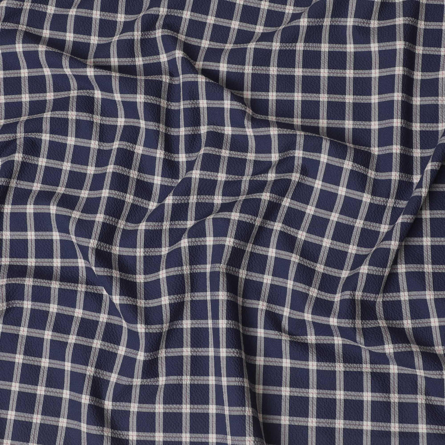 Navy blue Premium 100% cotton shirting fabric with beige and red print in checks design-D16846 Regal Fabrics