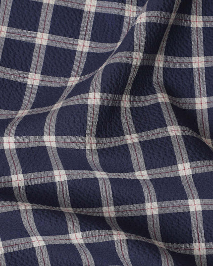 Navy blue Premium 100% cotton shirting fabric with beige and red print in checks design-D16846 Regal Fabrics