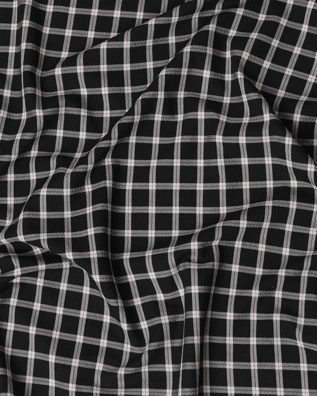 Black Premium 100% cotton shirting fabric with beige and red print in checks design-D16847