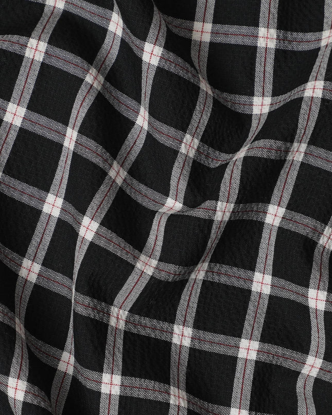 Black Premium 100% cotton shirting fabric with beige and red print in checks design-D16847