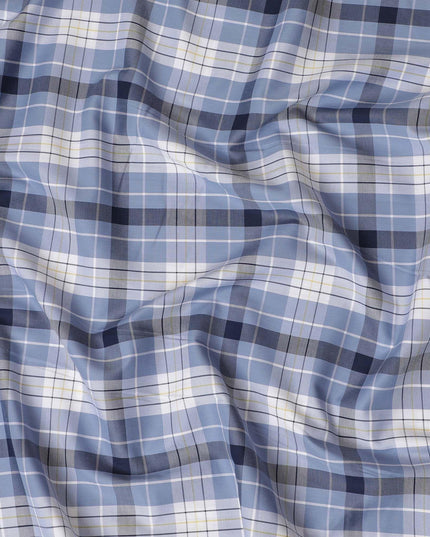 قماش القمصان القطني الفاخر 100% باللون الأزرق الفاتح مع طباعة متعددة الألوان بتصميم المربعات -D16848