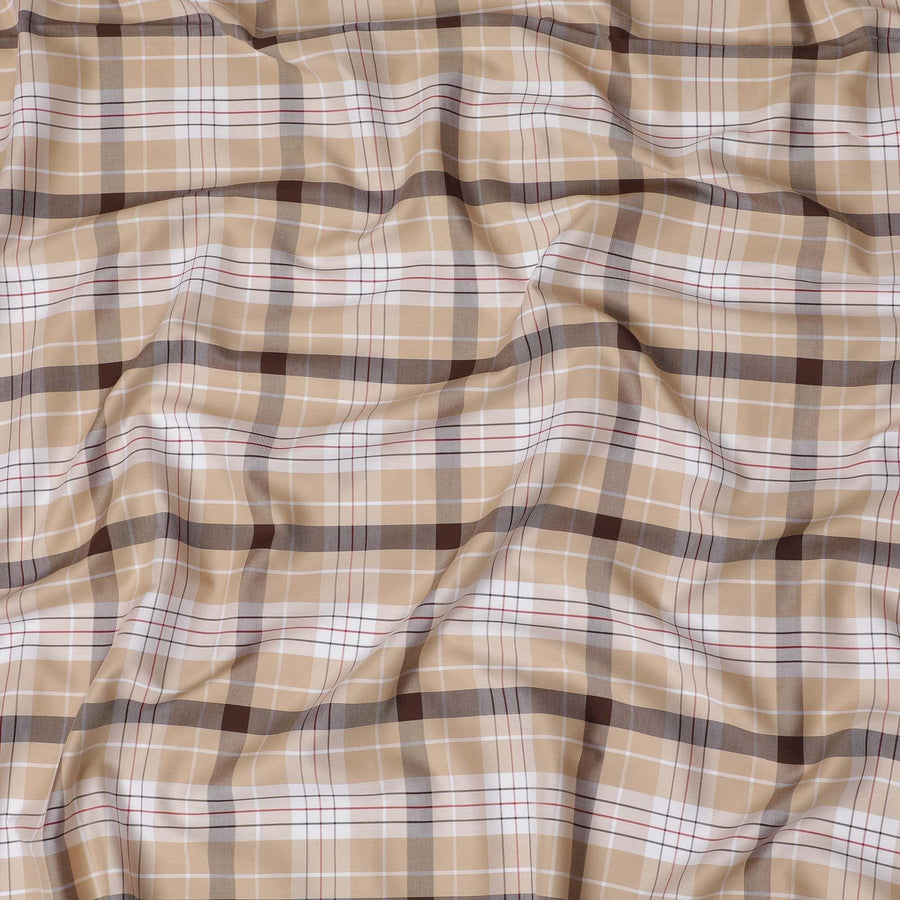 قماش القمصان القطني الفاخر بنسبة 100% باللون البني الفاتح مع طباعة متعددة الألوان بتصميم المربعات-D16849