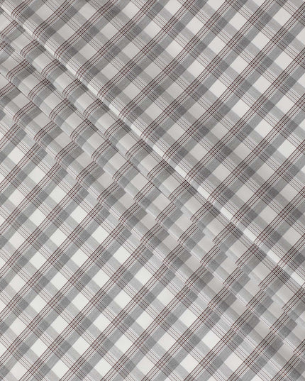 قميص من القطن الفاخر بنسبة 100% باللون الأبيض الفاتح مع طباعة رمادية وبنية بتصميم مربعات-D16851