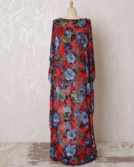 Red Premium pure Italian Silk chiffon velvet makmal dirac fabric having indigo blue print and same tone metallic lurex in floral design-D16498 Regal Fabrics