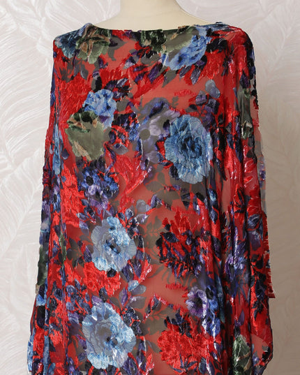 Red Premium pure Italian Silk chiffon velvet makmal dirac fabric having indigo blue print and same tone metallic lurex in floral design-D16498 Regal Fabrics