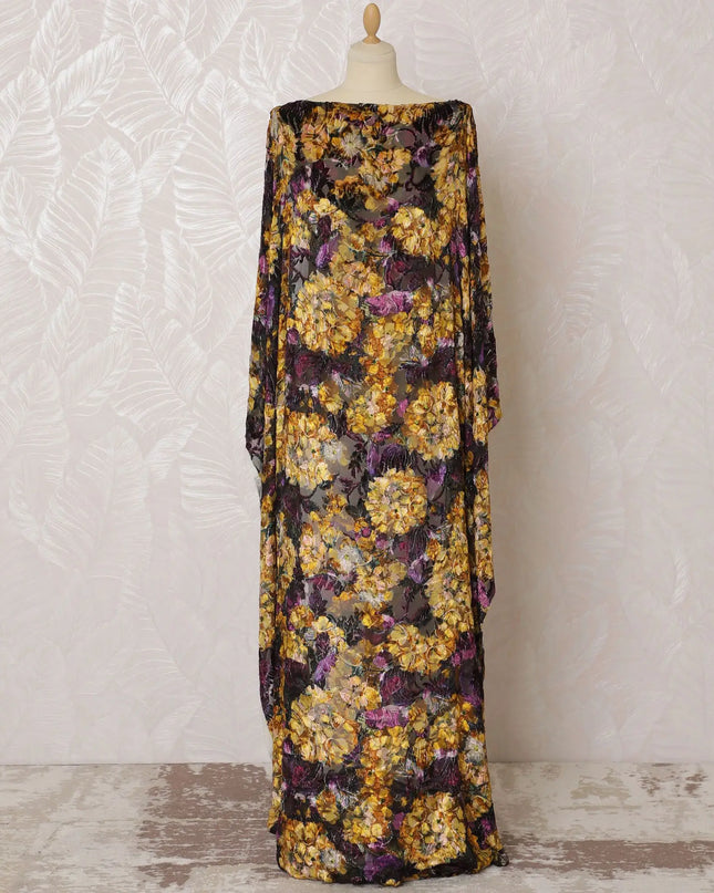 Dark plum Premium pure Italian Silk chiffon velvet makmal dirac fabric having mustard print and same tone metallic lurex in floral design-D16499 Regal Fabrics