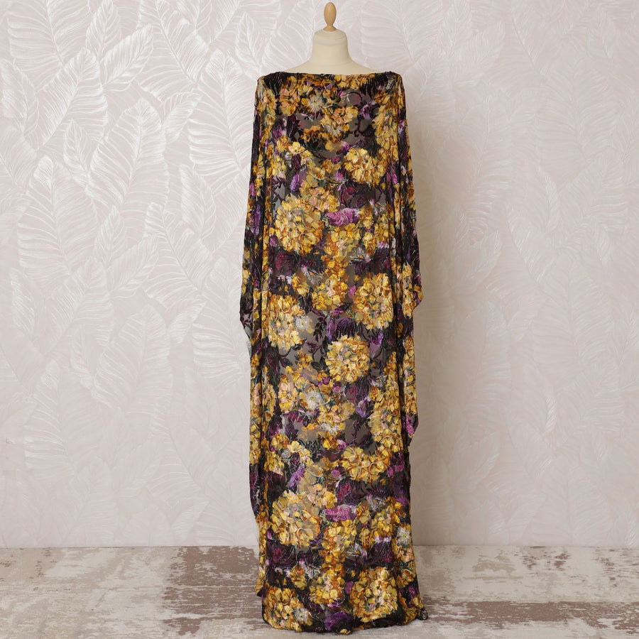 Dark plum Premium pure Italian Silk chiffon velvet makmal dirac fabric having mustard print and same tone metallic lurex in floral design-D16499 Regal Fabrics