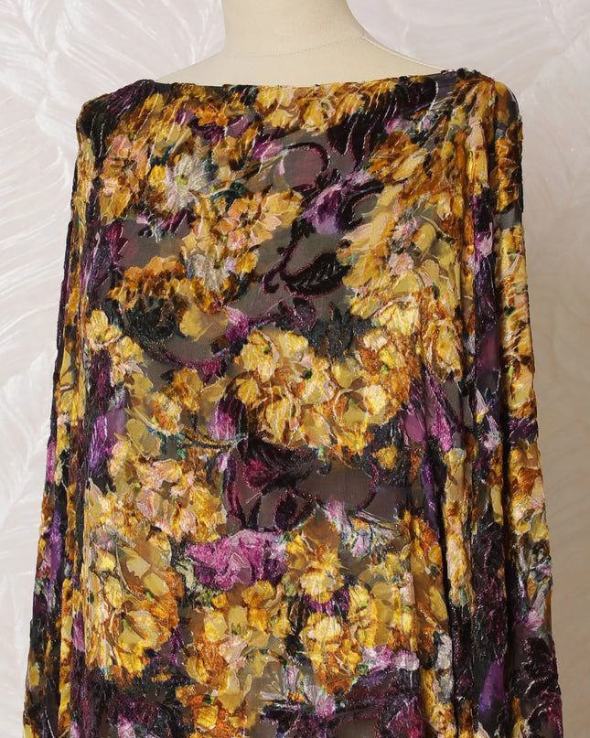 Dark plum Premium pure Italian Silk chiffon velvet makmal dirac fabric having mustard print and same tone metallic lurex in floral design-D16499 Regal Fabrics