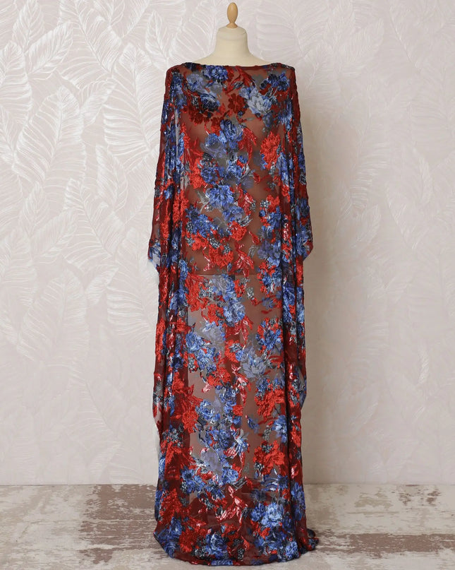 Crimson red Premium pure Italian Silk chiffon velvet makmal dirac fabric having blue print and same tone metallic lurex in floral design-D16500 Regal Fabrics