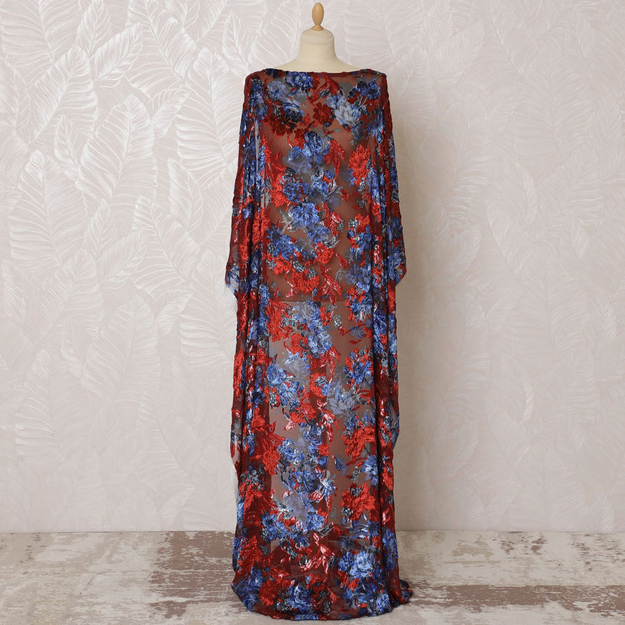 Crimson red Premium pure Italian Silk chiffon velvet makmal dirac fabric having blue print and same tone metallic lurex in floral design-D16500