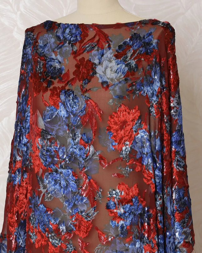 Crimson red Premium pure Italian Silk chiffon velvet makmal dirac fabric having blue print and same tone metallic lurex in floral design-D16500 Regal Fabrics