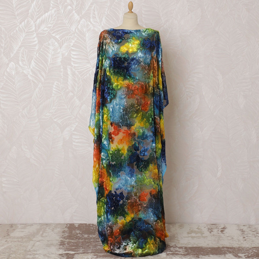 Multicolor Premium pure silk chiffon velvet makmal dirac fabric having same tone metallic lurex in floral design-D16502 Regal Fabrics