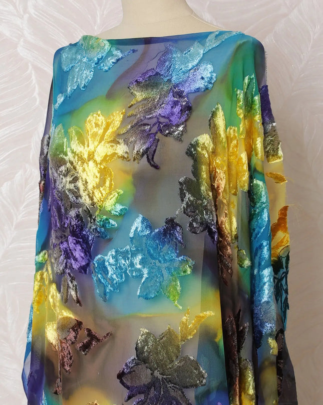 Multicolor Premium pure silk chiffon velvet makmal dirac fabric having same tone metallic lurex in floral design-D16503 Regal Fabrics