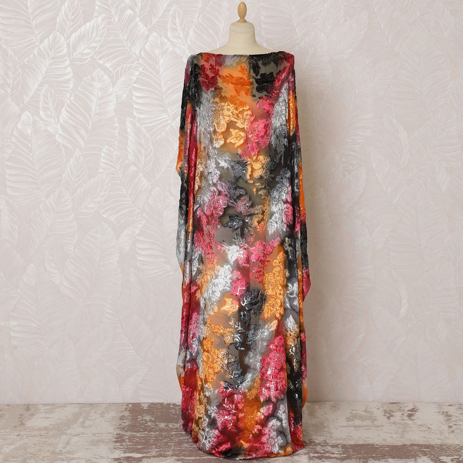 Multicolor Premium pure silk chiffon velvet makmal dirac fabric having same tone metallic lurex in floral design-D16504