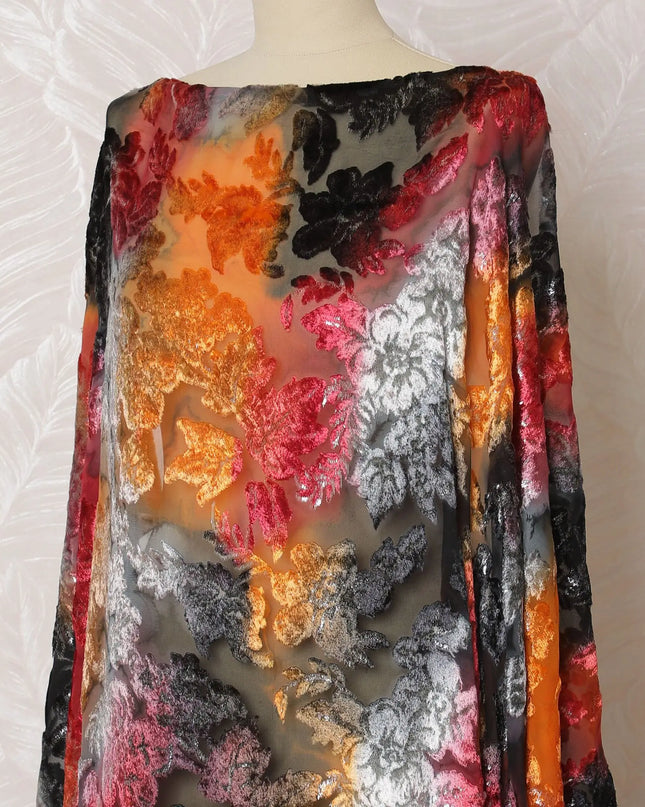 Multicolor Premium pure silk chiffon velvet makmal dirac fabric having same tone metallic lurex in floral design-D16504 Regal Fabrics