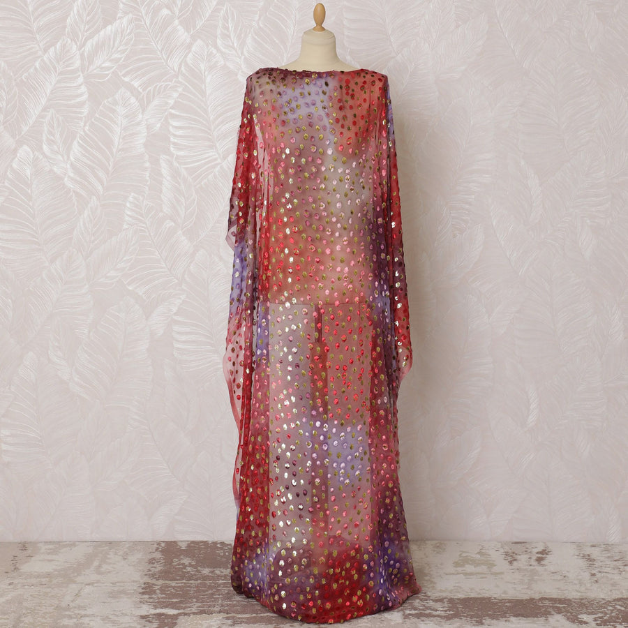 Multicolor Premium pure silk chiffon velvet makmal dirac fabric having gold metallic lurex in dot design-D16506 Regal Fabrics