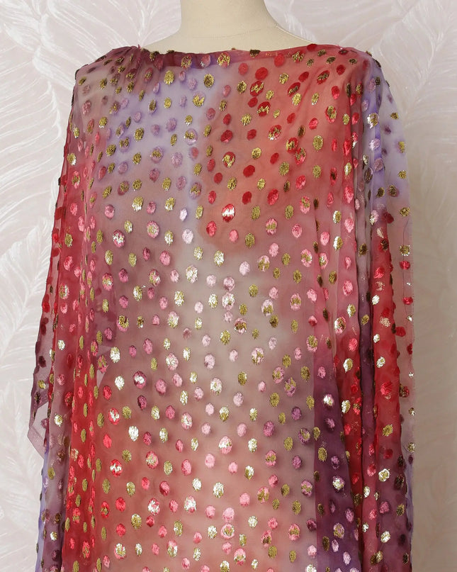 Multicolor Premium pure silk chiffon velvet makmal dirac fabric having gold metallic lurex in dot design-D16506 Regal Fabrics
