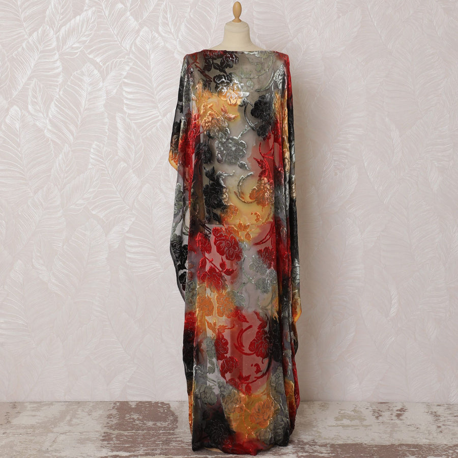 Multicolor Premium pure silk chiffon velvet makmal dirac fabric having same tone metallic lurex in floral design-D16508 Regal Fabrics