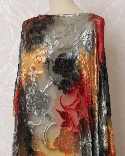 Multicolor Premium pure silk chiffon velvet makmal dirac fabric having same tone metallic lurex in floral design-D16508 Regal Fabrics
