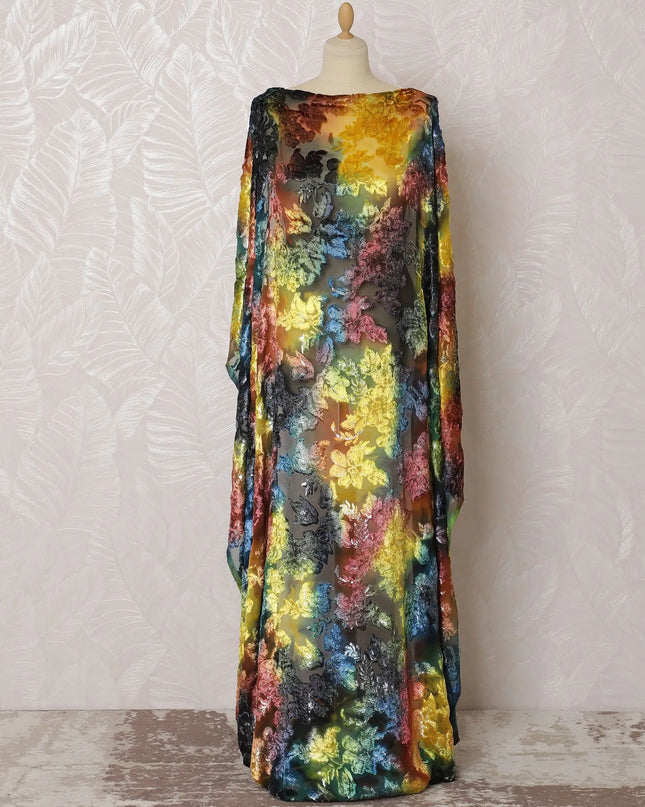 Multicolor Premium pure silk chiffon velvet makmal dirac fabric having same tone metallic lurex in floral design-D16510 Regal Fabrics