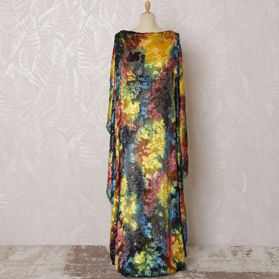 Multicolor Premium pure silk chiffon velvet makmal dirac fabric having same tone metallic lurex in floral design-D16510 Regal Fabrics