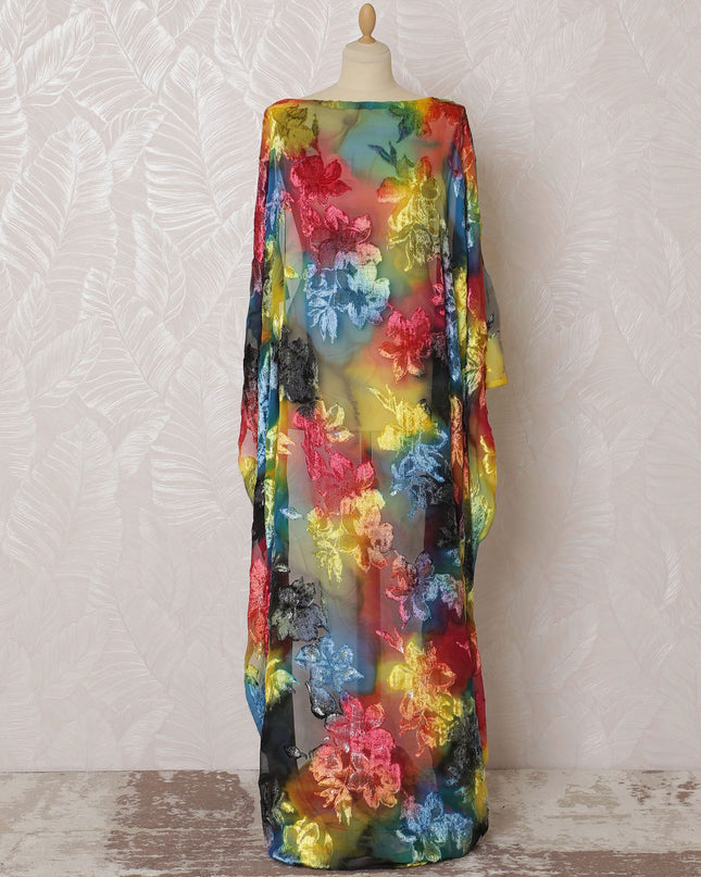 Multicolor Premium pure silk chiffon velvet makmal dirac fabric having same tone metallic lurex in floral design-D16511