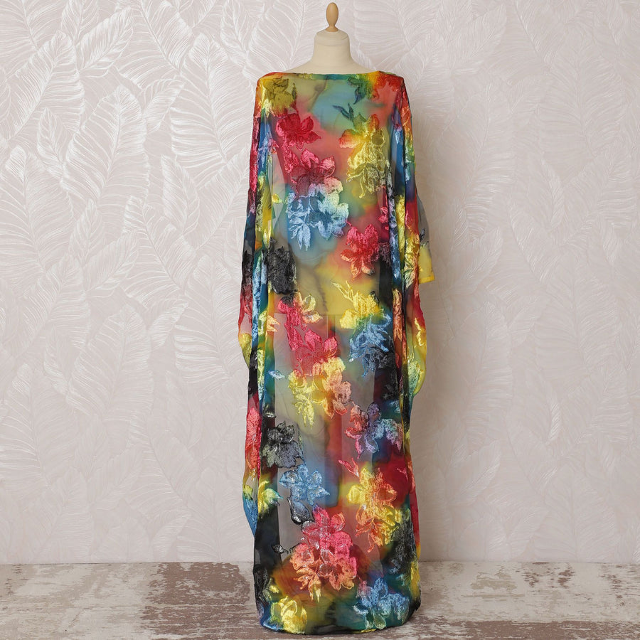 Multicolor Premium pure silk chiffon velvet makmal dirac fabric having same tone metallic lurex in floral design-D16511