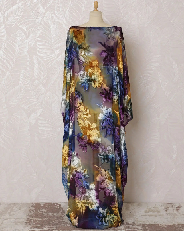 Multicolor Premium pure silk chiffon velvet makmal dirac fabric having same tone metallic lurex in floral design-D16512 Regal Fabrics