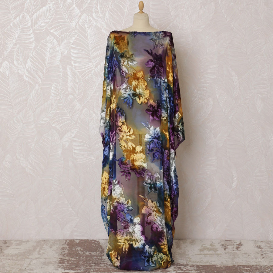 Multicolor Premium pure silk chiffon velvet makmal dirac fabric having same tone metallic lurex in floral design-D16512 Regal Fabrics