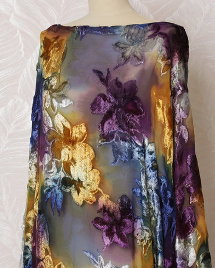 Multicolor Premium pure silk chiffon velvet makmal dirac fabric having same tone metallic lurex in floral design-D16512 Regal Fabrics