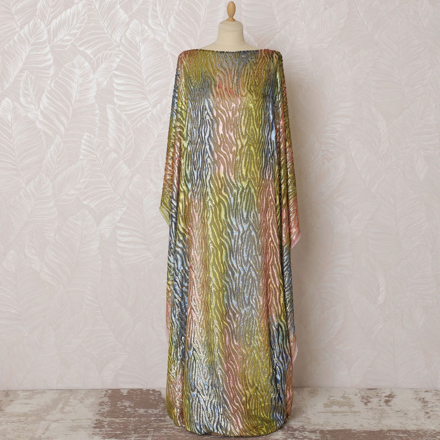 Multicolor Premium pure silk chiffon velvet makmal dirac fabric having gold metallic lurex in animal skin design-D16514 Regal Fabrics