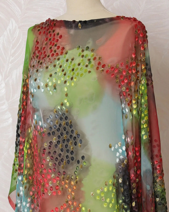 Multicolor Premium Italian silk chiffon velvet makmal dirac fabric with gold metallic lurex in dot design-D16579 Regal Fabrics