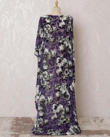 Purple Premium pure silk chiffon velvet makmal dirac fabric with black and white print in floral design-D16583 Regal Fabrics