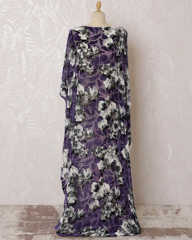 Purple Premium pure silk chiffon velvet makmal dirac fabric with black and white print in floral design-D16583