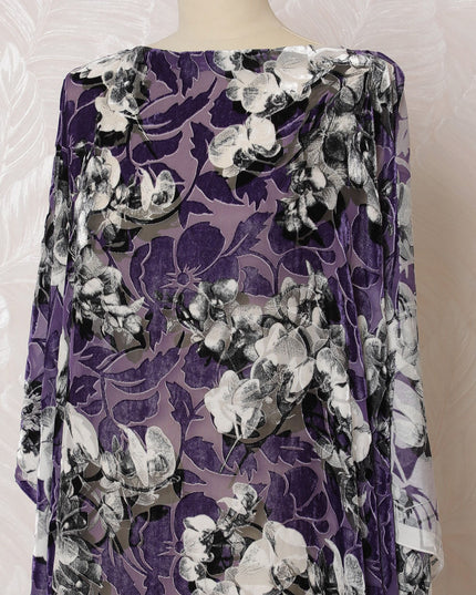 Purple Premium pure silk chiffon velvet makmal dirac fabric with black and white print in floral design-D16583 Regal Fabrics