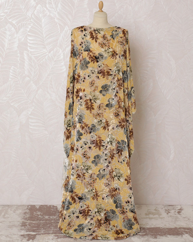 Beige Premium pure silk chiffon velvet makmal dirac fabric with multicolor print in floral design-D16584