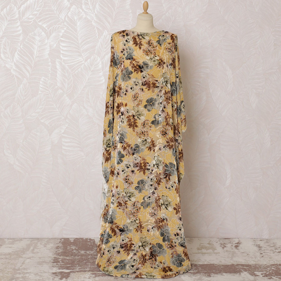 Beige Premium pure silk chiffon velvet makmal dirac fabric with multicolor print in floral design-D16584