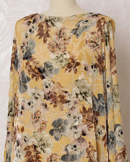 Beige Premium pure silk chiffon velvet makmal dirac fabric with multicolor print in floral design-D16584