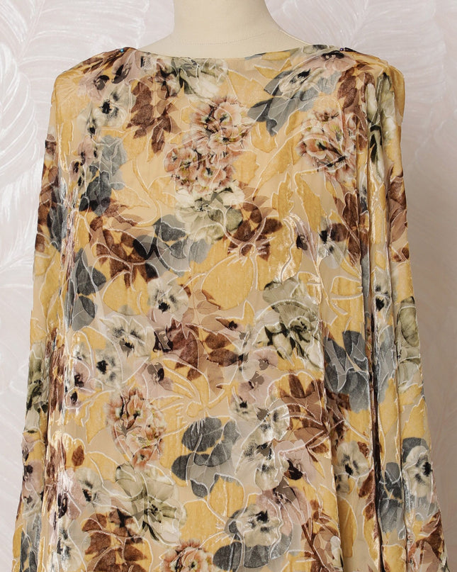 Beige Premium pure silk chiffon velvet makmal dirac fabric with multicolor print in floral design-D16584