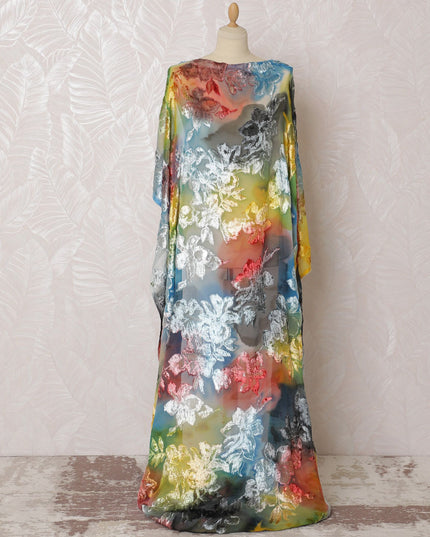 Multicolor Premium pure silk chiffon velvet makmal dirac fabric with same tone metallic lurex in floral design-D16585 Regal Fabrics