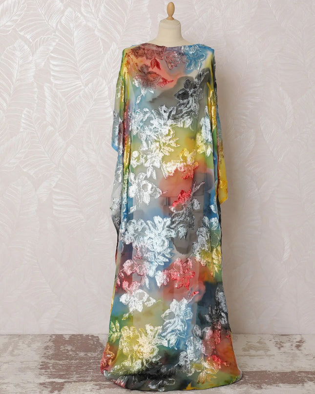 Multicolor Premium pure silk chiffon velvet makmal dirac fabric with same tone metallic lurex in floral design-D16585 Regal Fabrics