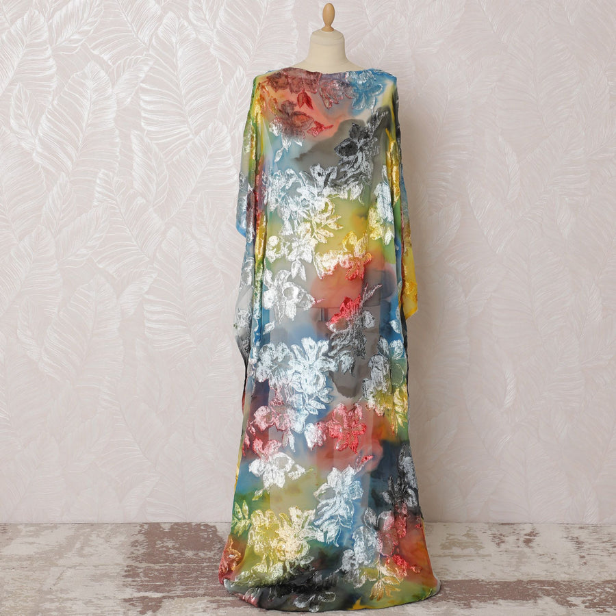 Multicolor Premium pure silk chiffon velvet makmal dirac fabric with same tone metallic lurex in floral design-D16585 Regal Fabrics