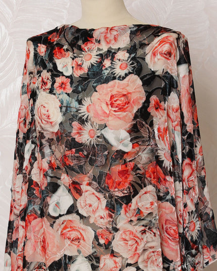 Multicolor Premium pure silk chiffon velvet makmal dirac fabric with multicolor print in floral design-D16586