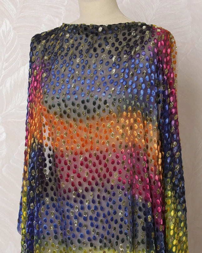 Multicolor Premium Italian silk chiffon velvet makmal dirac fabric with gold metallic lurex in dot design-D16590 Regal Fabrics